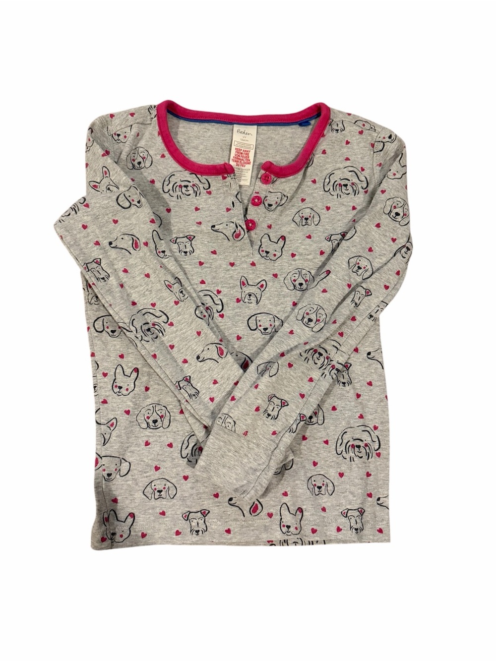 Boden Grey Girls Long Sleeve Pajama Top with Pink Trim 9 Year Old 134 CM